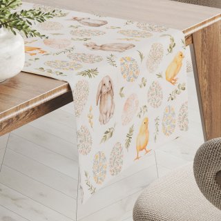 Dekoračný behúň na stôl Leona LN-177 Veľkonočné zvieratká a kraslice na bielom - Biante.sk