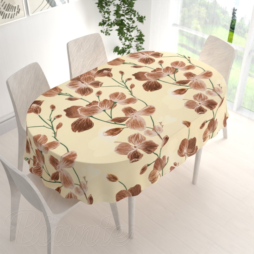 Bavlněný oválný ubrus Sandra SA-536 Hnědé orchideje na vanilkově žlutém - detail 1 - Biante.cz