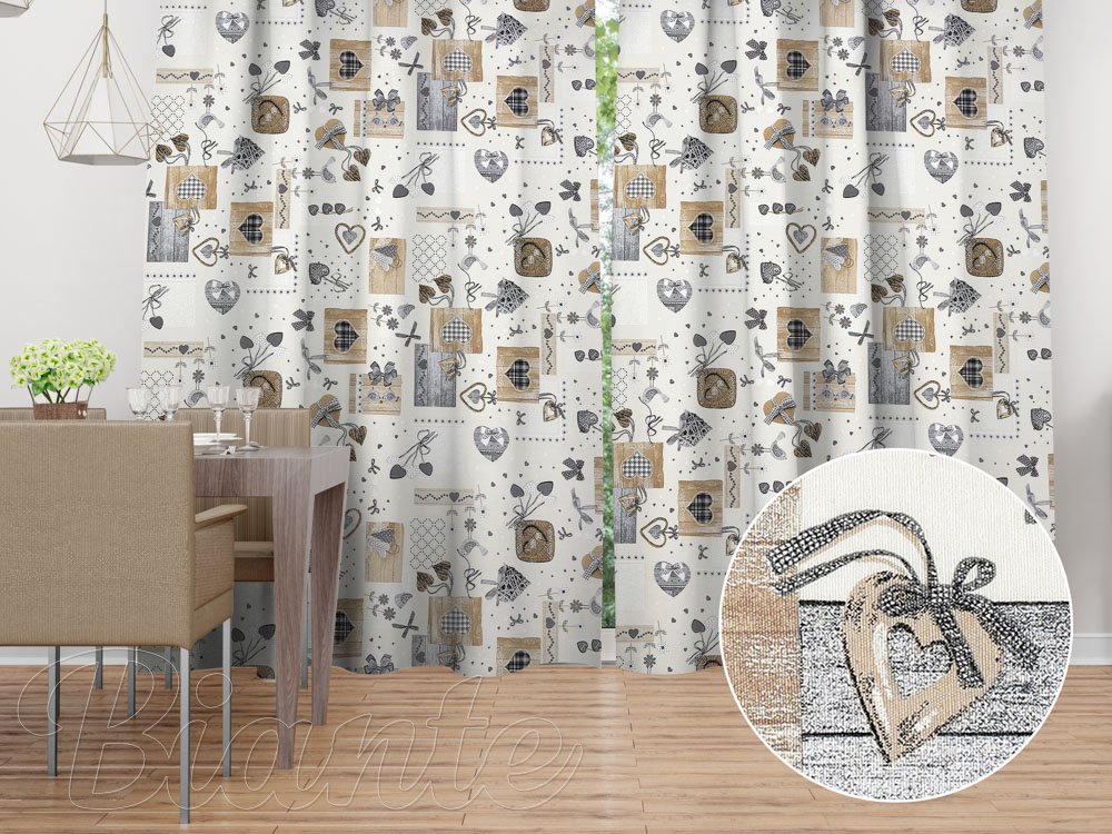 Dekorační závěs na míru Porto PRT-014 Hnědo-šedá srdíčka na krémovém - Biante.cz