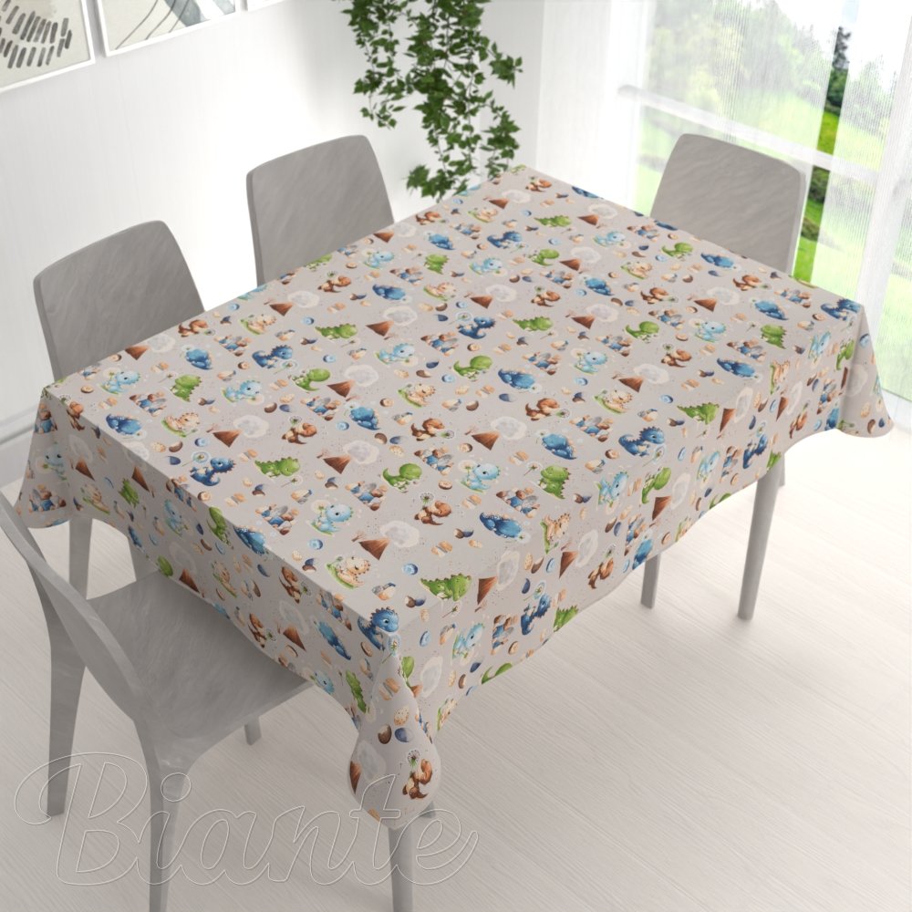 Detský bavlnený obdĺžnikový obrus Sandra SA-656 Modro-zeleno-hnedé dinosaury na svetlo sivom - detail 1 - Biante.sk