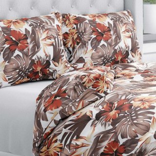 Bavlněné ložní povlečení Sandra SA-441 Hnědo-cihlové květy a listy monstery - Biante.cz