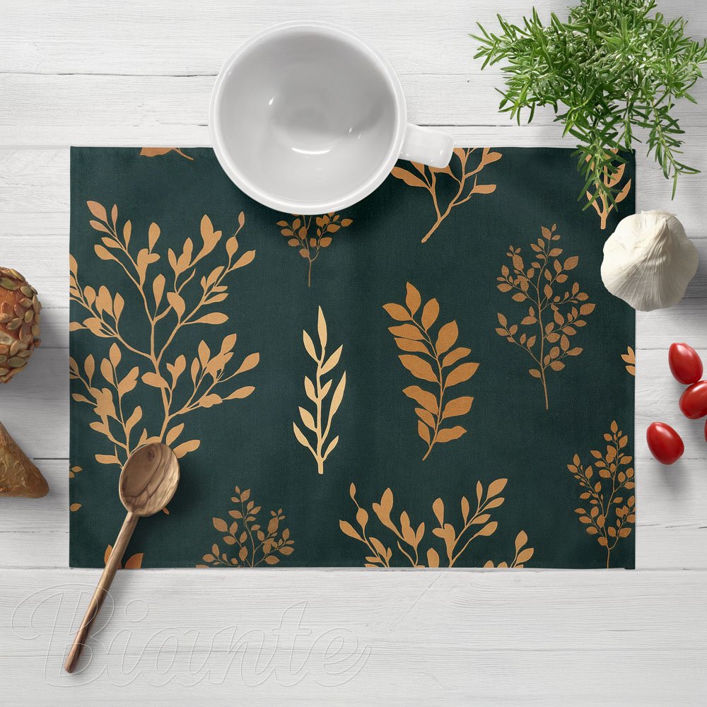 Bavlněné prostírání na stůl Sandra SA-742 Zlaté větvičky s lístky na tmavě zeleném - Biante.cz