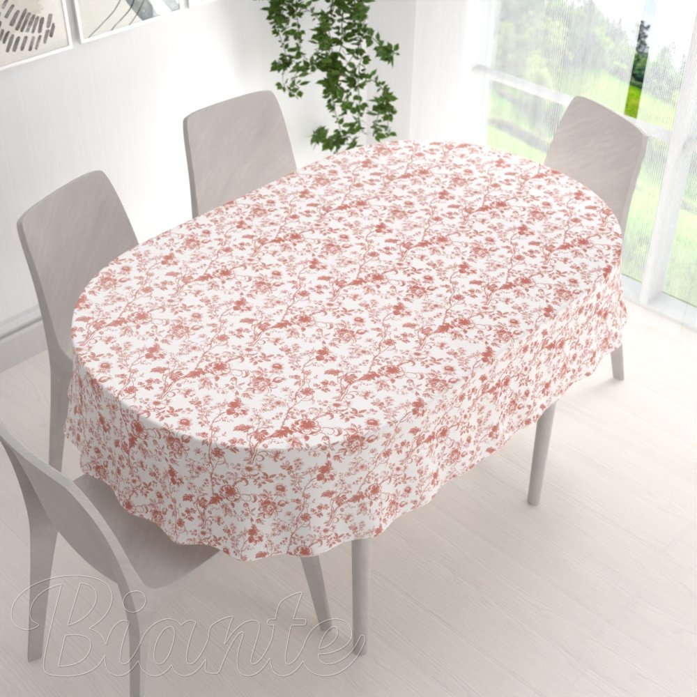 Bavlněný oválný ubrus Sandra SA-640 Lososové květiny na bílém - detail 1 - Biante.cz