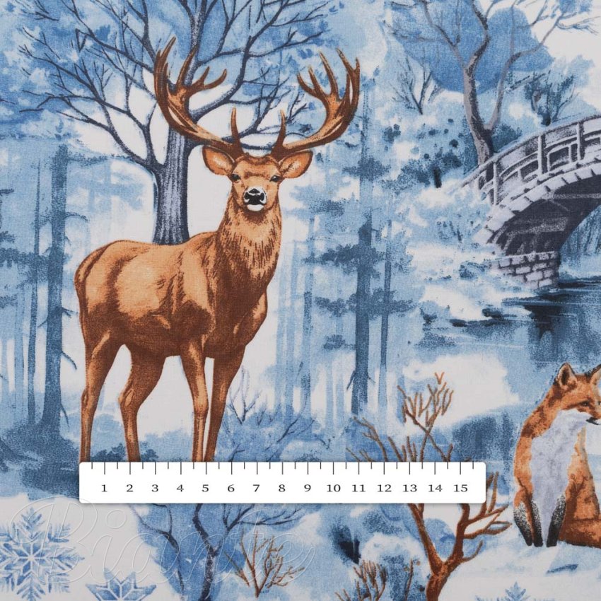 Bavlněná látka/plátno Sandra SA-674 Lesní zvířata v zimním lese na modrém - šířka 160 cm - detail 4 - Biante.cz