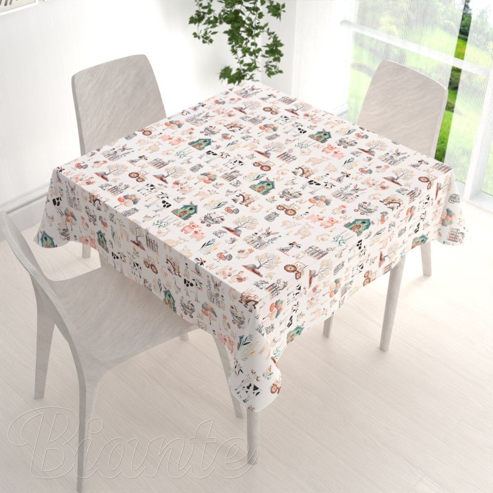 Dětský bavlněný čtvercový ubrus Sandra SA-563 Zvířátka na farmě na bílém - detail 1 - Biante.cz