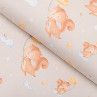 Dětská bavlněná látka/plátno Sandra SA-525 Veverky s květinami na šedobéžovém - šířka 160 cm - Biante.cz