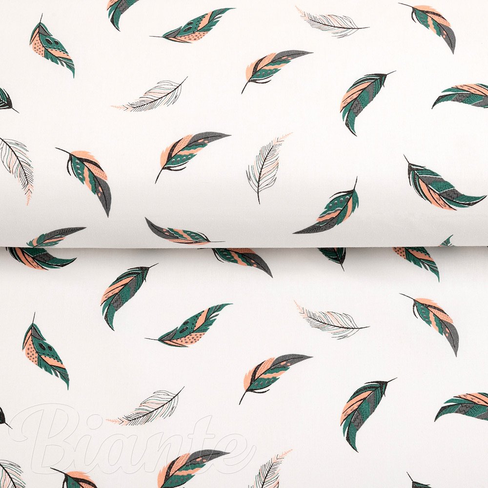 Bavlněná látka/plátno Sandra SA-460 Zeleno-růžová pírka na bílém - šířka 160 cm - detail 2 - Biante.cz