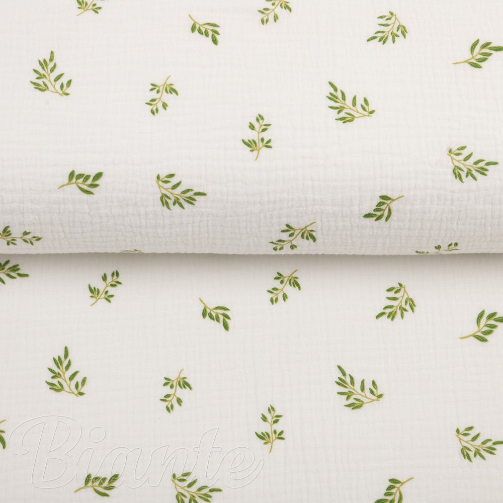 Mušelín dvojitá gázovina MSN-081 Zelené větvičky na bílém - metráž šířka 160 cm - detail 5 - Biante.cz