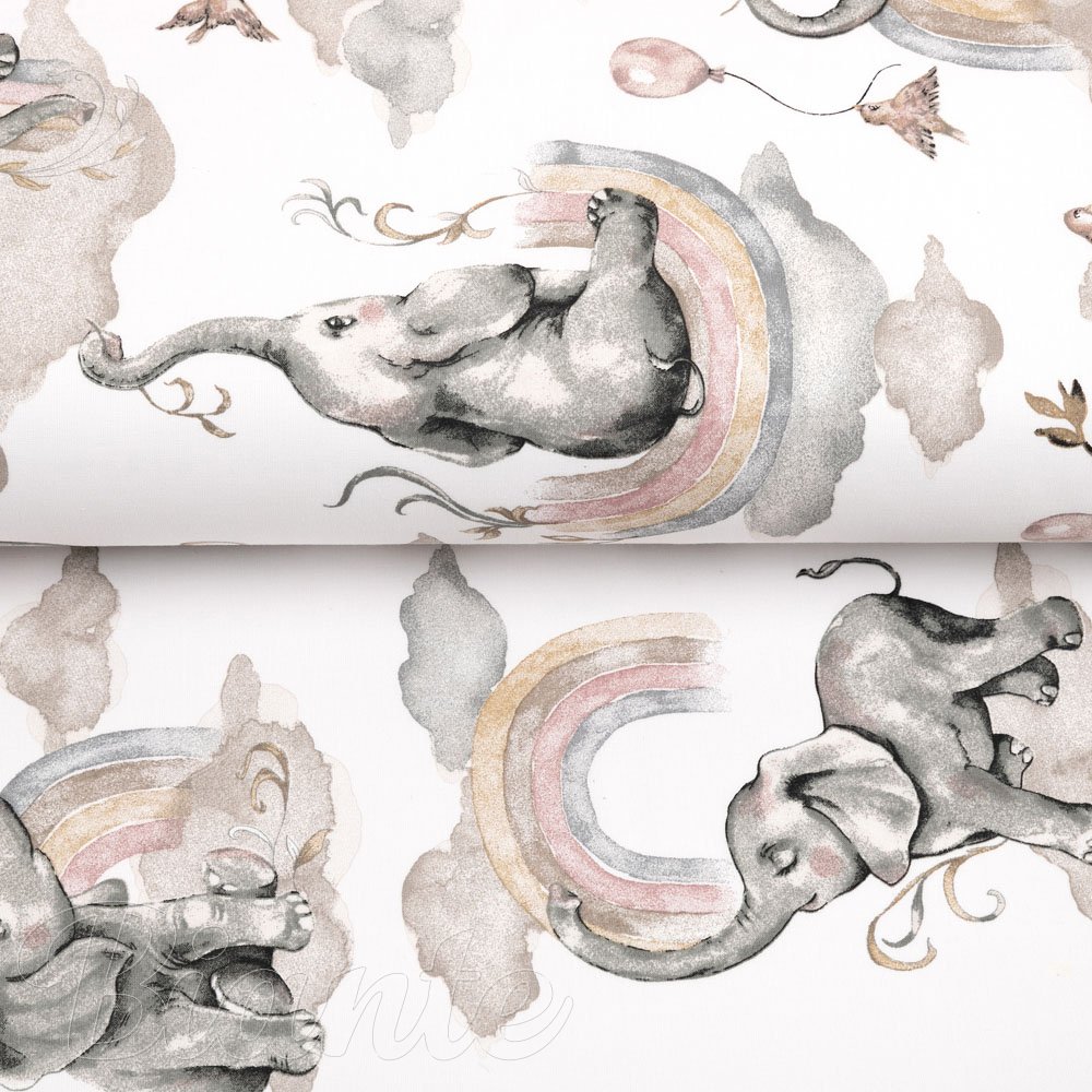 Dětská bavlněná látka/plátno Sandra SA-462 Sloni s šedohnědou duhou na bílém - šířka 160 cm - detail 2 - Biante.cz