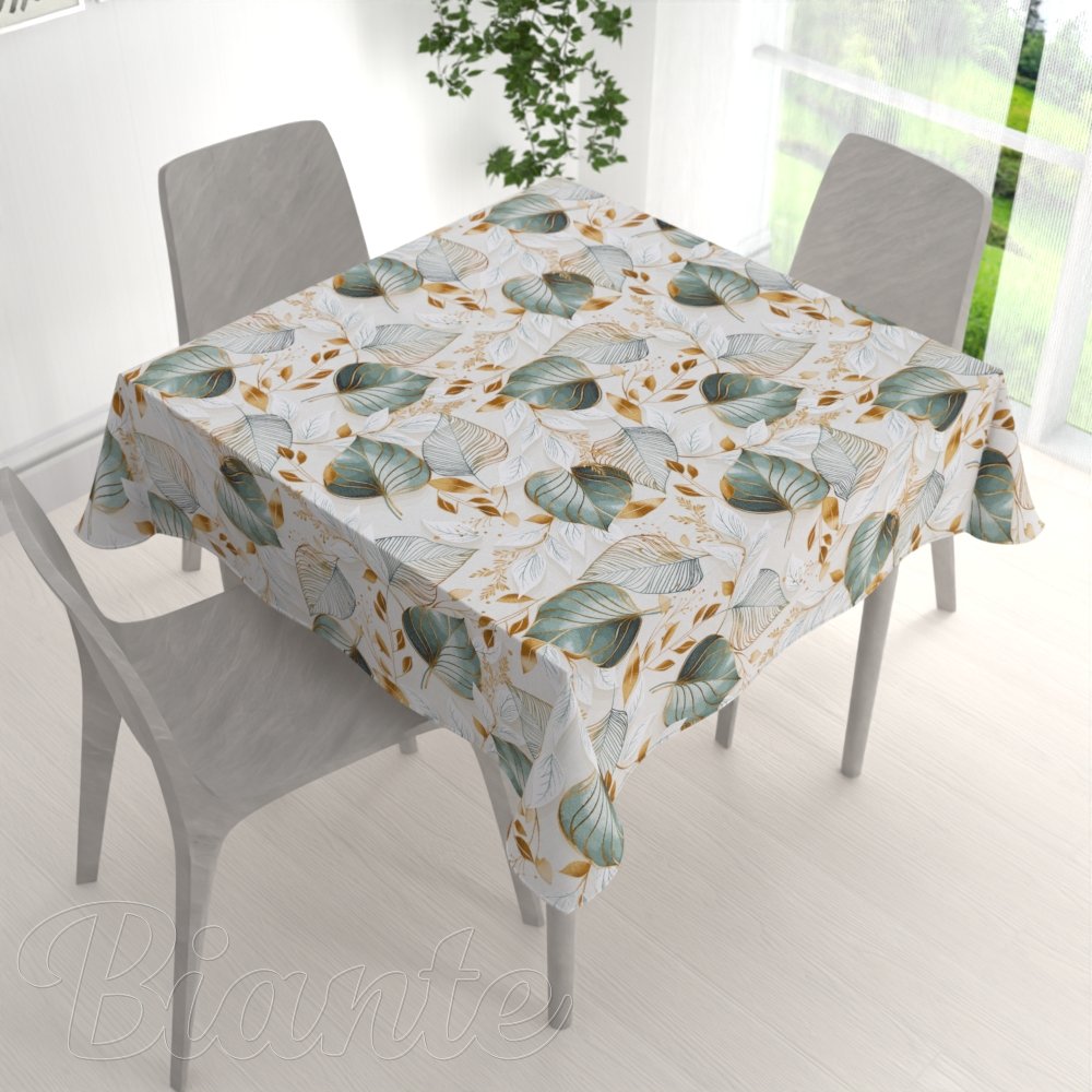 Dekorační čtvercový ubrus Leona LN-174 Zelené listy na režném - detail 1 - Biante.cz