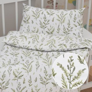 Dětské bavlněné povlečení do postýlky Sandra SA-718 Zelené natě bylinek na bílém - Biante.cz