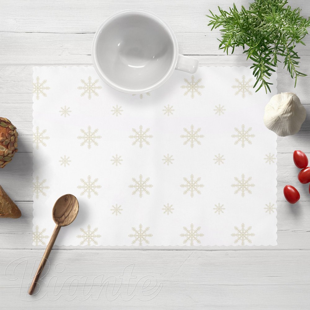 Teflonové prostírání na stůl TF-119 Vánoční béžové vločky na bílém - Biante.cz