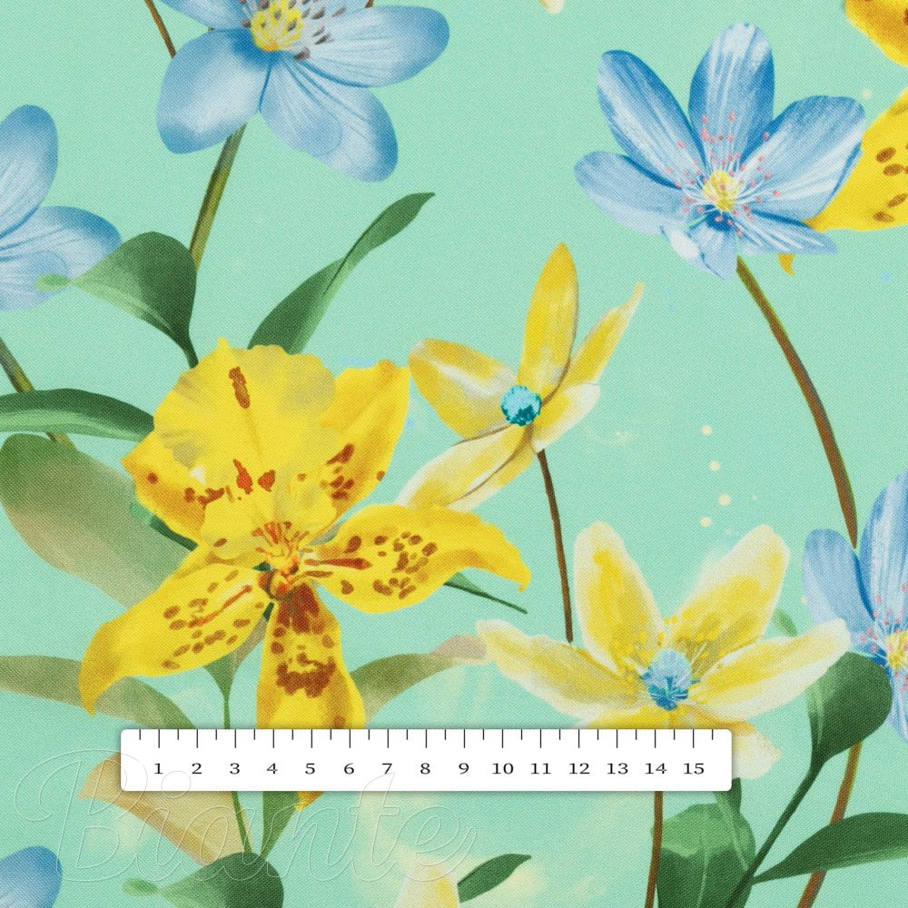Teflonová látka na ubrusy TF-082 Žluto-modré lilie na mintovém - šířka 155 cm - detail 7 - Biante.cz
