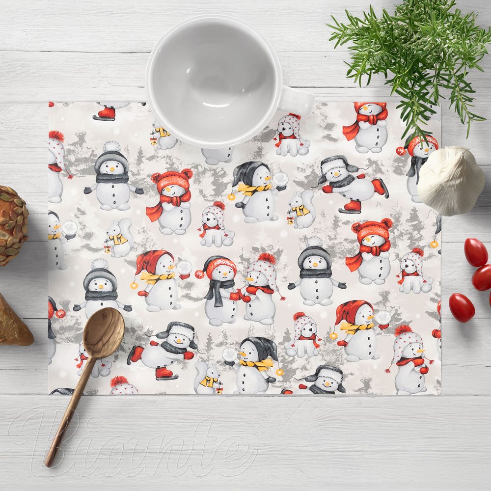 Bavlněné prostírání na stůl Sandra SA-661 Sněhuláci na světle šedém - Biante.cz