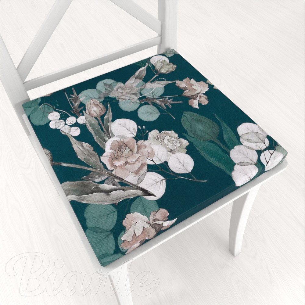 Teflónový štvorcový podsedák TF-058 Kvety s eukalyptom na tmavo zelenom - 38x38x3 cm - Biante.sk