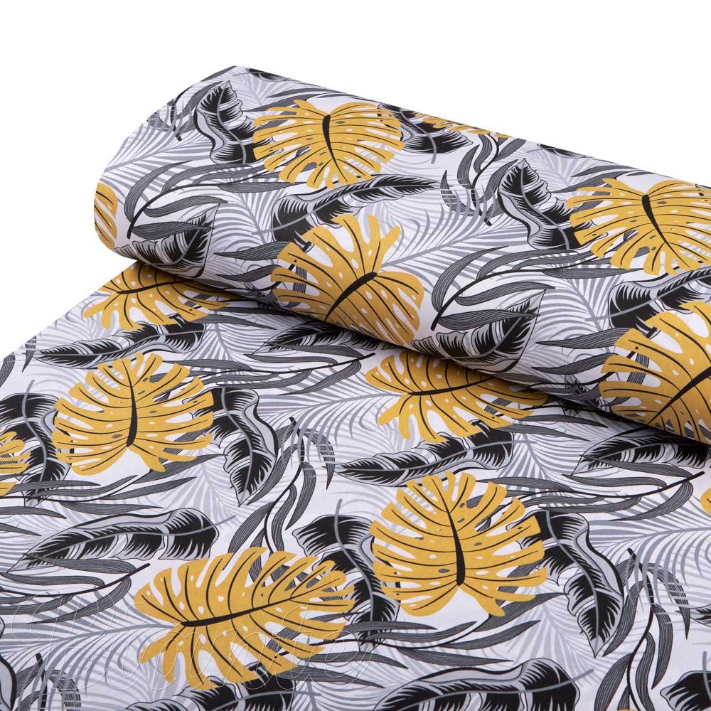 Bavlněná látka/plátno Sandra SA-177 Okrové a šedé tropické listy - šířka 160 cm - detail 1 - Biante.cz