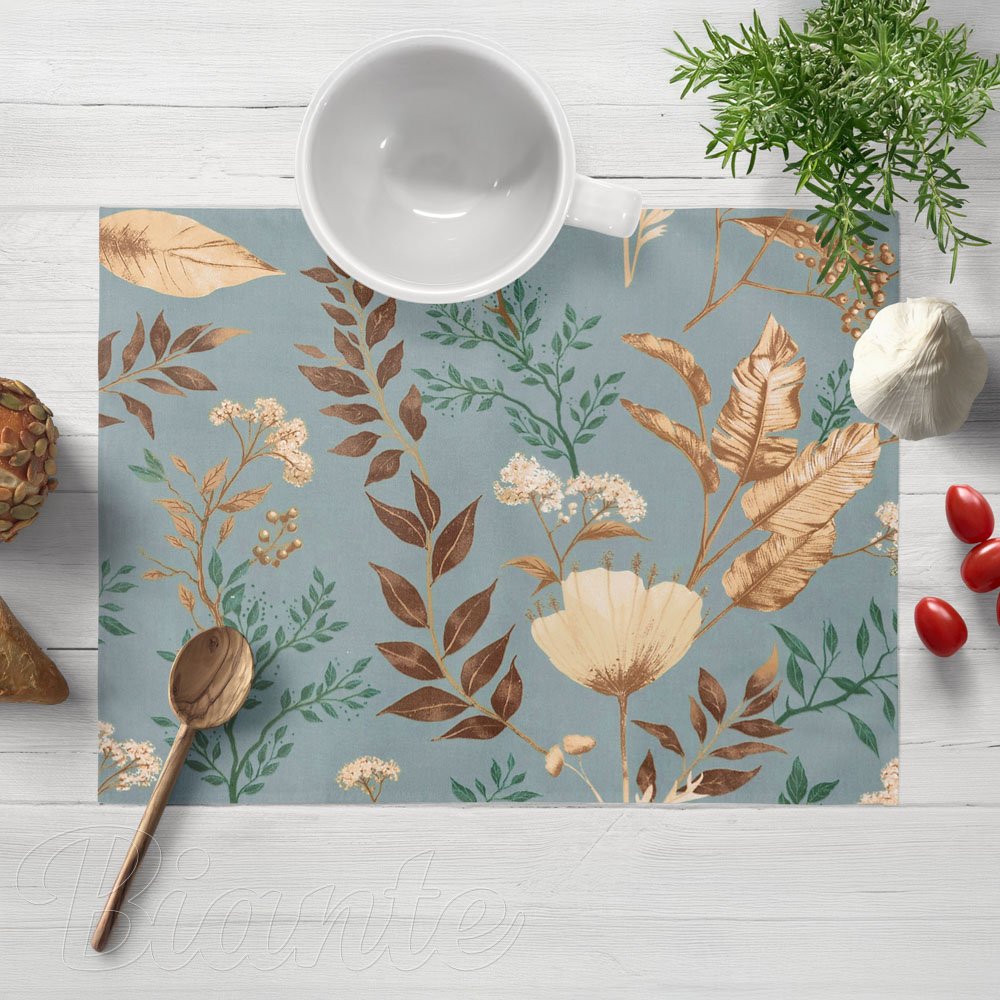 Bavlněné prostírání na stůl Sandra SA-551 Podzimní větvičky na šedomodrém - Biante.cz