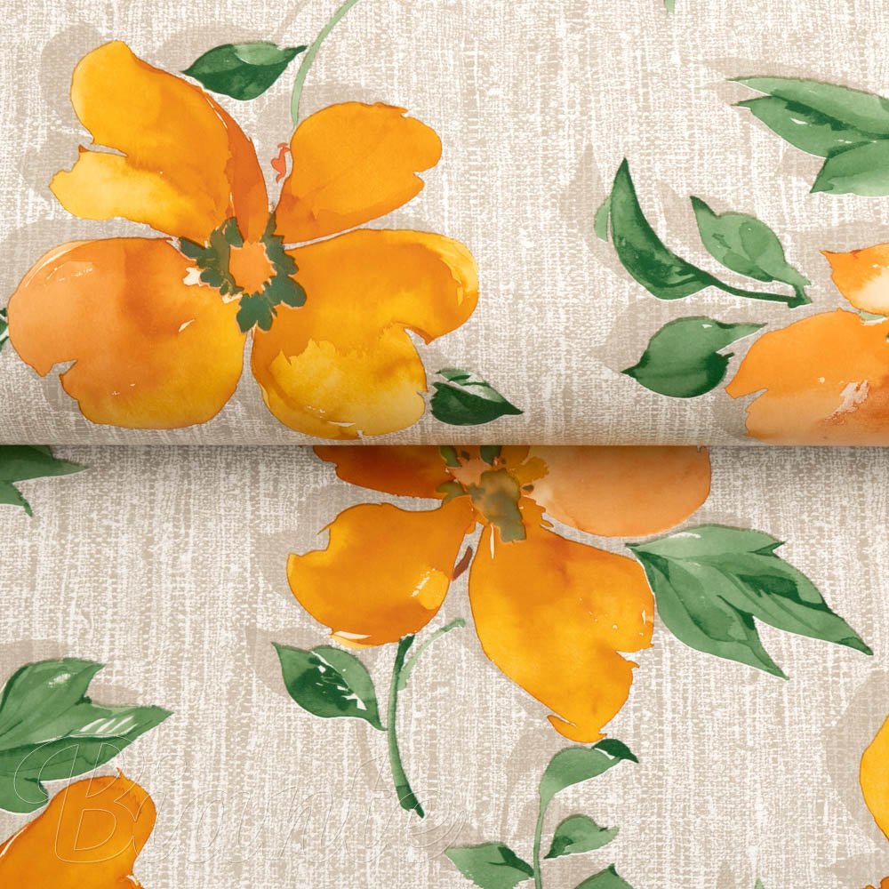 PVC ubrus Oranžové květy na šedobéžovém PV-100 - metráž š. 140 cm - detail 1 - Biante.cz