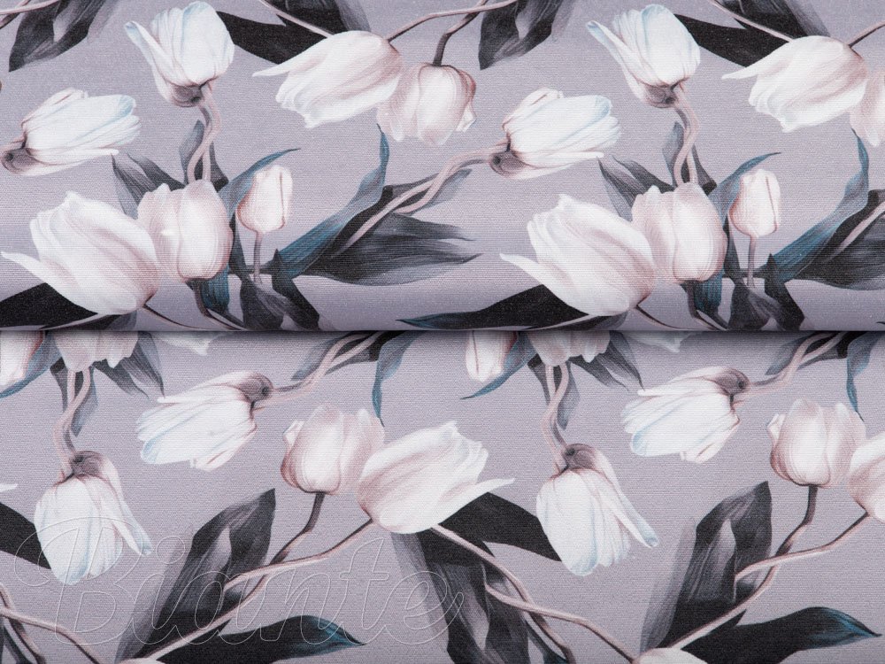 Dekorační látka PM-034 Bílé tulipány na šedém - šířka 150 cm - detail 2 - Biante.cz Dekorační látka PM-034 Bílé tulipány na šedém - šířka 150 cm - detail 2 - Biante.cz