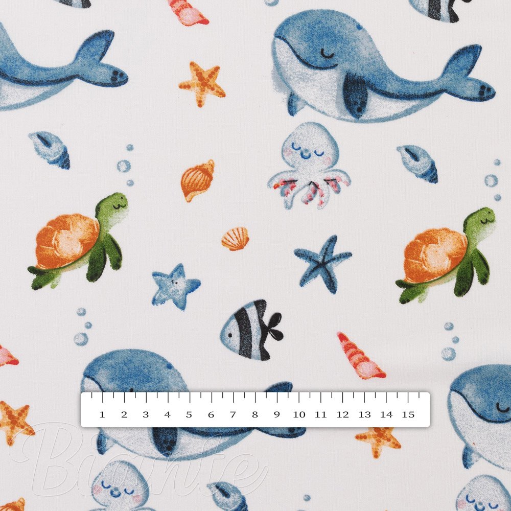 Dětská bavlněná látka/plátno Sandra SA-660 Modré velryby a mořská zvířátka na bílém - šířka 160 cm - detail 3 - Biante.cz