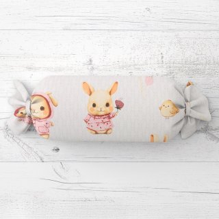 Dětský polštář válec bonbon Sandra SA-538 Růžoví zajíčci a ptáčci na bílém - Biante.cz