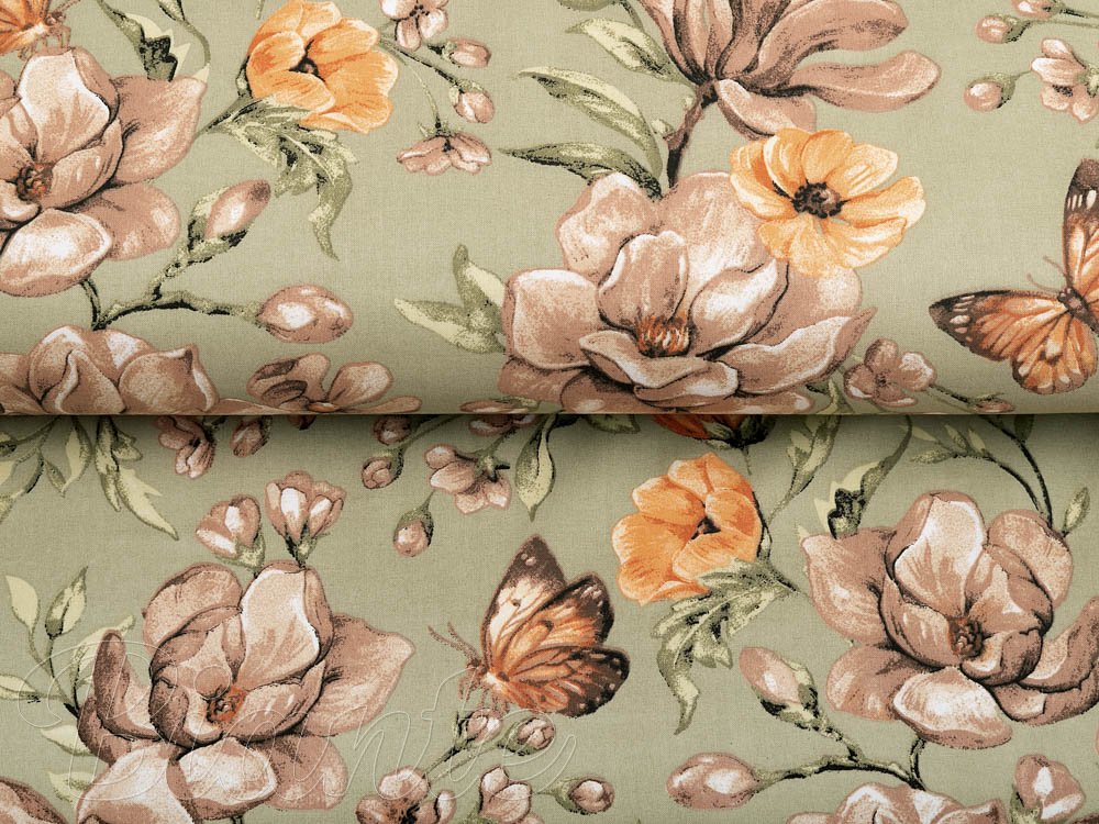Bavlněná látka/plátno Sandra SA-472 Hnědé květy magnolie na zeleném - šířka 160 cm - detail 2 - Biante.cz Bavlněná látka/plátno Sandra SA-472 Hnědé květy magnolie na zeleném - šířka 160 cm - detail 2 - Biante.cz