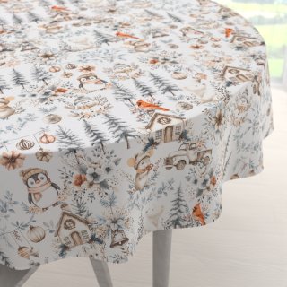 Bavlnený okrúhly obrus Sandra SA-708 Zimná rozprávka modro-sivo-hnedá na bielom - Biante.sk Bavlnený okrúhly obrus Sandra SA-708 Zimná rozprávka modro-sivo-hnedá na bielom - Biante.sk