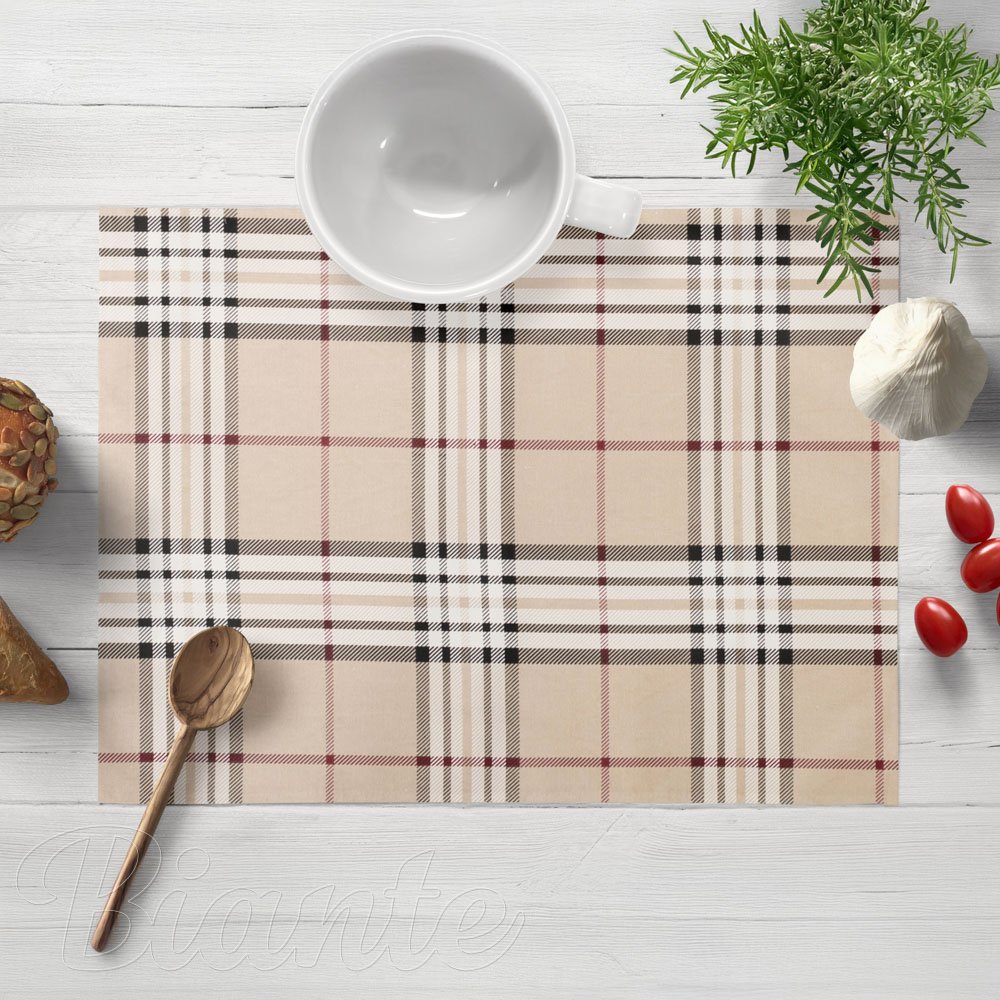 Bavlněné prostírání na stůl Sandra SA-548 Černo-červeno-bílé káro na béžovém - Biante.cz