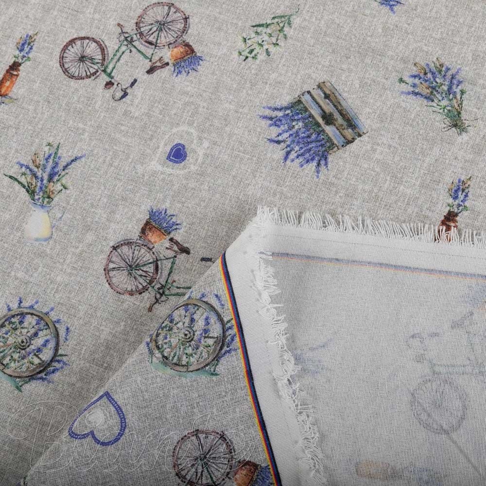 Dekorační látka PML-097 Levandule a kola na šedém režném - šířka 150 cm - detail 3 - Biante.cz