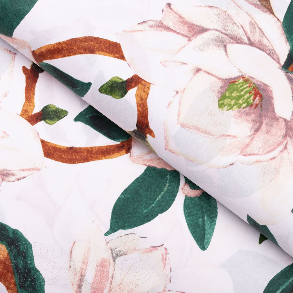 Bavlněná látka/plátno Sandra SA-293 Magnolie se zelenými listy na bílém - šířka 160 cm - Biante.cz