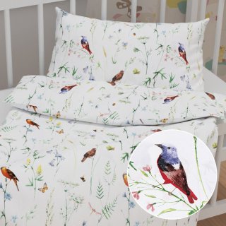 Dětské bavlněné povlečení do postýlky Sandra SA-392 Luční kvítí s ptáčky - Biante.cz