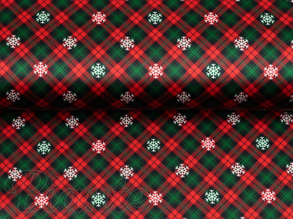 Látka polyesterový satén LUP-502 Červeno-zelené vánoční káro s vločkami - šířka 145 cm - detail 4 - Biante.cz
