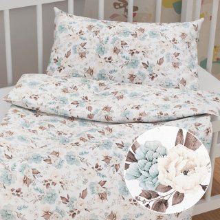 Dětské bavlněné povlečení do postýlky Sandra SA-451 Žluto-hnědo-mintové růže na bílém - Biante.cz