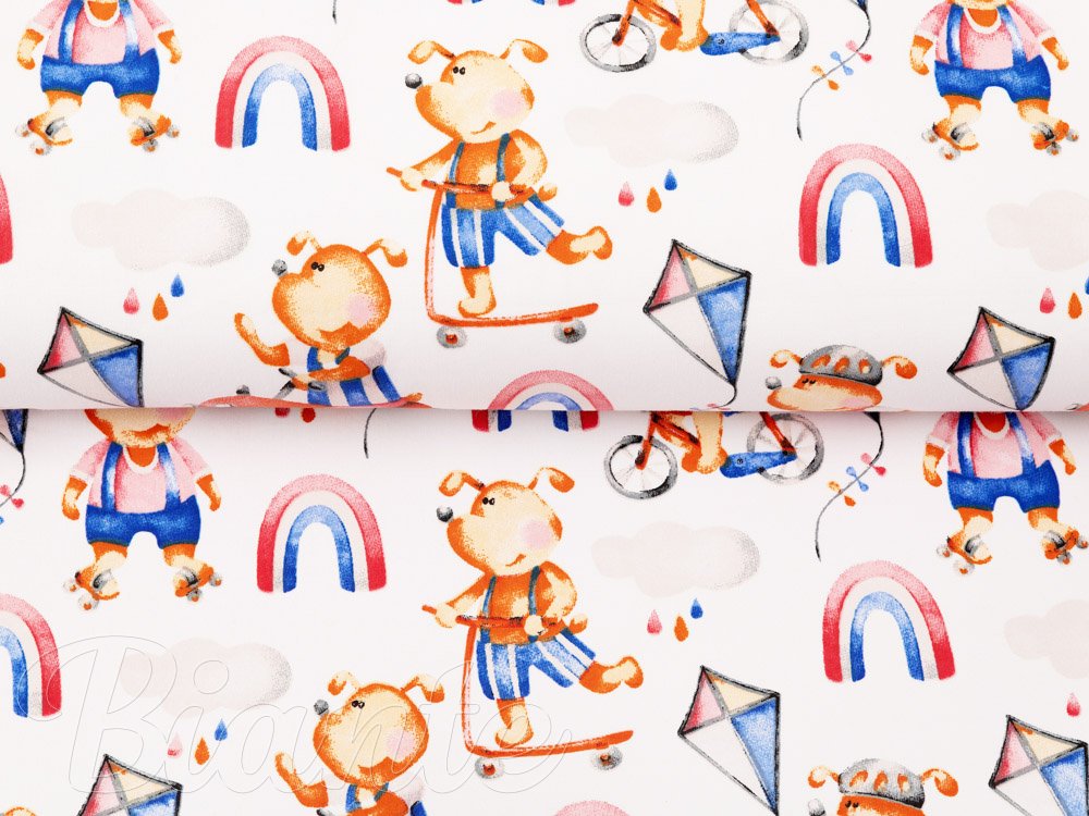 Dětská bavlněná látka/plátno Sandra SA-521 Modro-červení pejsci s auty na bílém - šířka 160 cm - detail 2 - Biante.cz