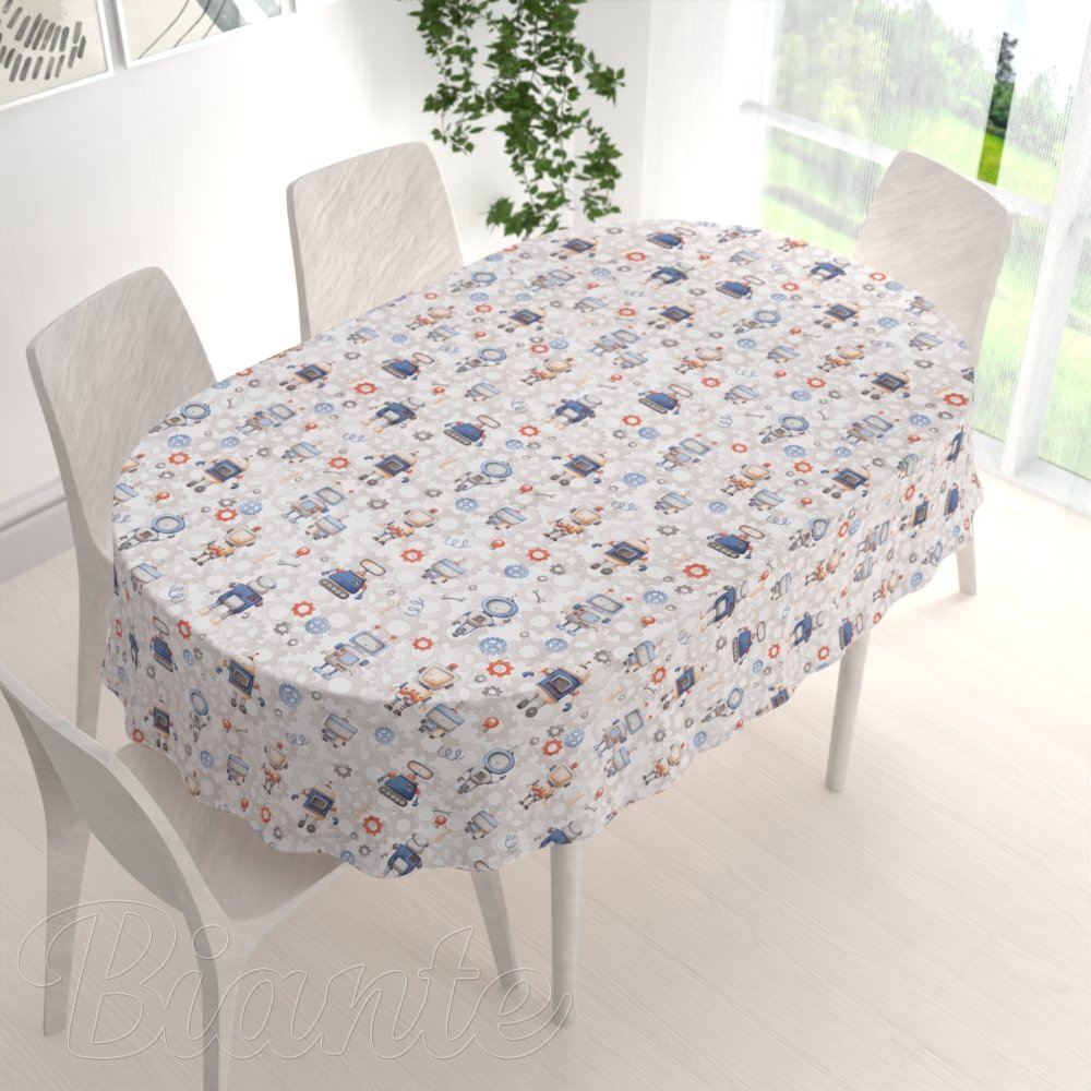 Dětský bavlněný oválný ubrus Sandra SA-584 Svět robotů na šedo-bílém - detail 1 - Biante.cz