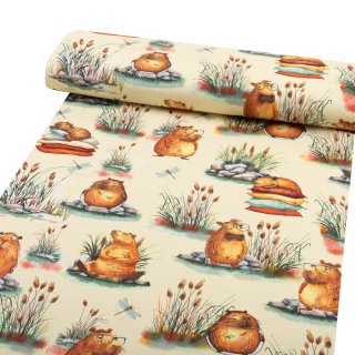 Dětská bavlněná látka/plátno Sandra SA-710 Kapybary na krémovém - šířka 160 cm - detail 1 - Biante.cz Dětská bavlněná látka/plátno Sandra SA-710 Kapybary na krémovém - šířka 160 cm - detail 1 - Biante.cz