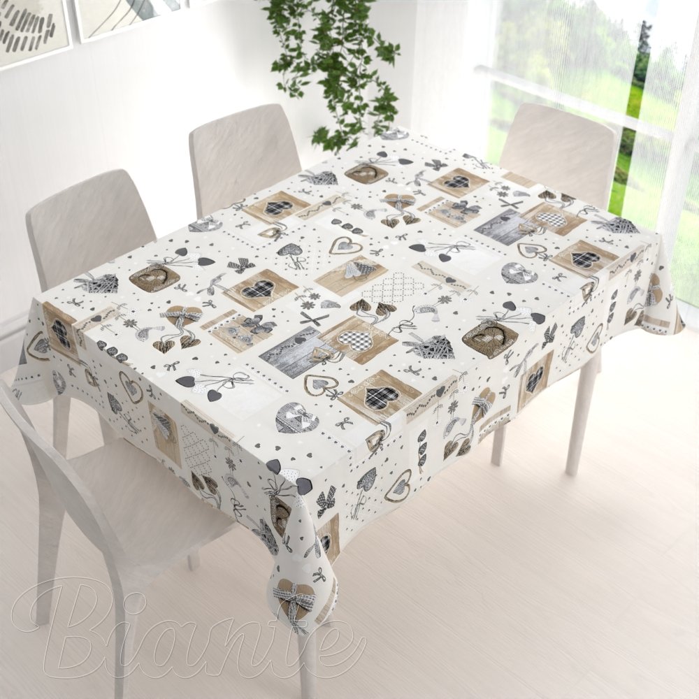 Dekorační obdélníkový ubrus Porto PRT-014 Hnědo-šedá srdíčka na krémovém - detail 1 - Biante.cz