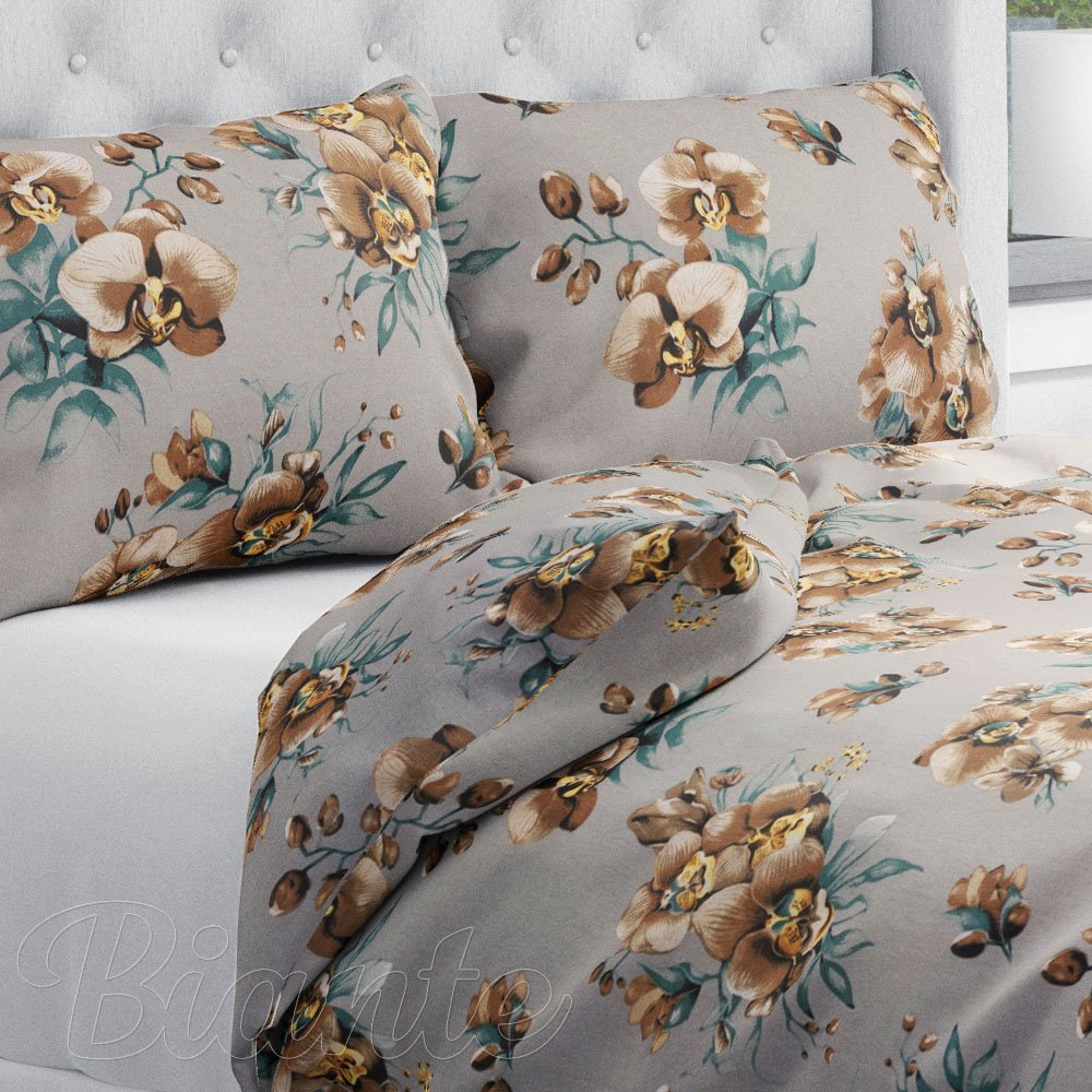 Bavlnené posteľné obliečky Sandra SA-622 Hnedé orchidey na sivom - Biante.sk