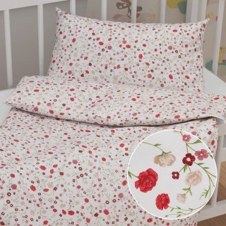 Dětské bavlněné povlečení do postýlky Sandra SA-719 Červeno-béžové drobné květiny na bílém - Biante.cz