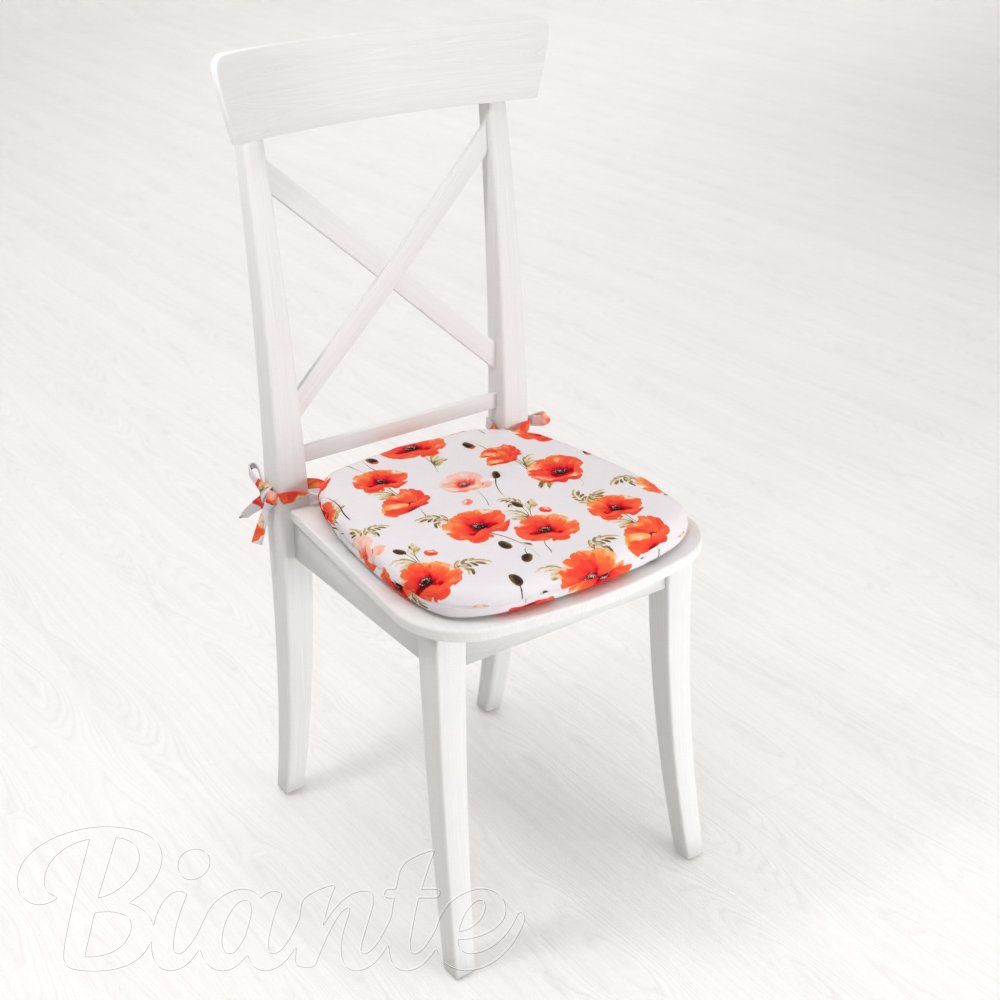 Teflonový oblý podsedák TF-133 Červenooranžové vlčí máky na bílém - 39x37x3 cm - detail 2 - Biante.cz