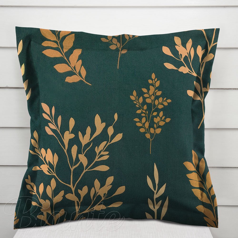 Bavlněný povlak na polštář s lemem Sandra SA-742 Zlaté větvičky s lístky na tmavě zeleném - Biante.cz