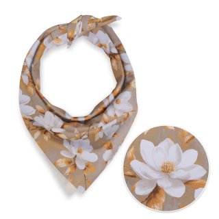 Bavlnená šatka Sandra SA-717 Biele kvety magnólie na hnedosivom - Biante.sk