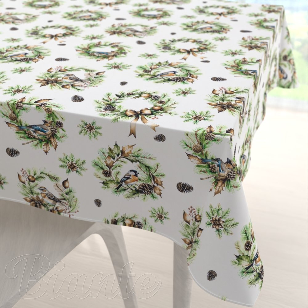 Teflonový čtvercový ubrus TF-103 Vánoční věnce s ptáčky na bílém - Biante.cz