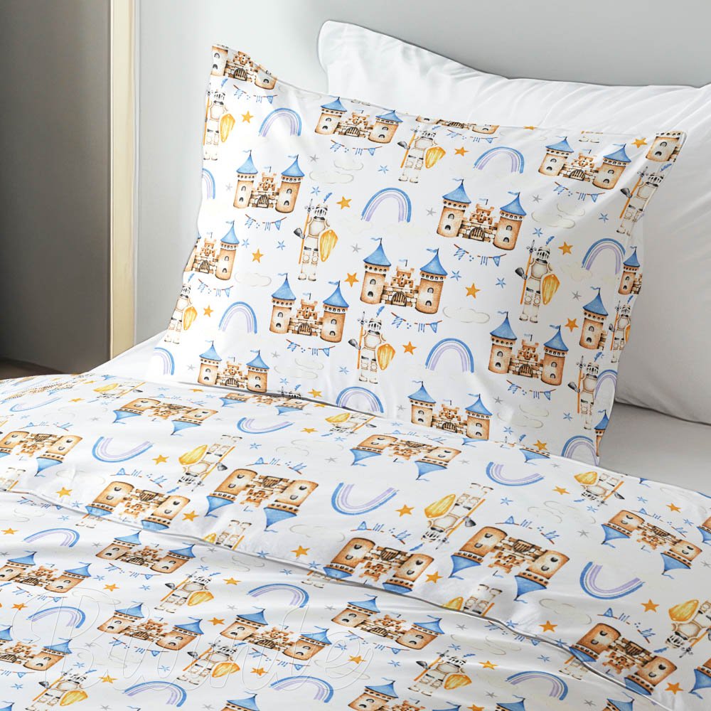 Dětské bavlněné ložní povlečení Sandra SA-666 Modro-hnědé hrady a rytíři na bílém - detail 1 - Biante.cz