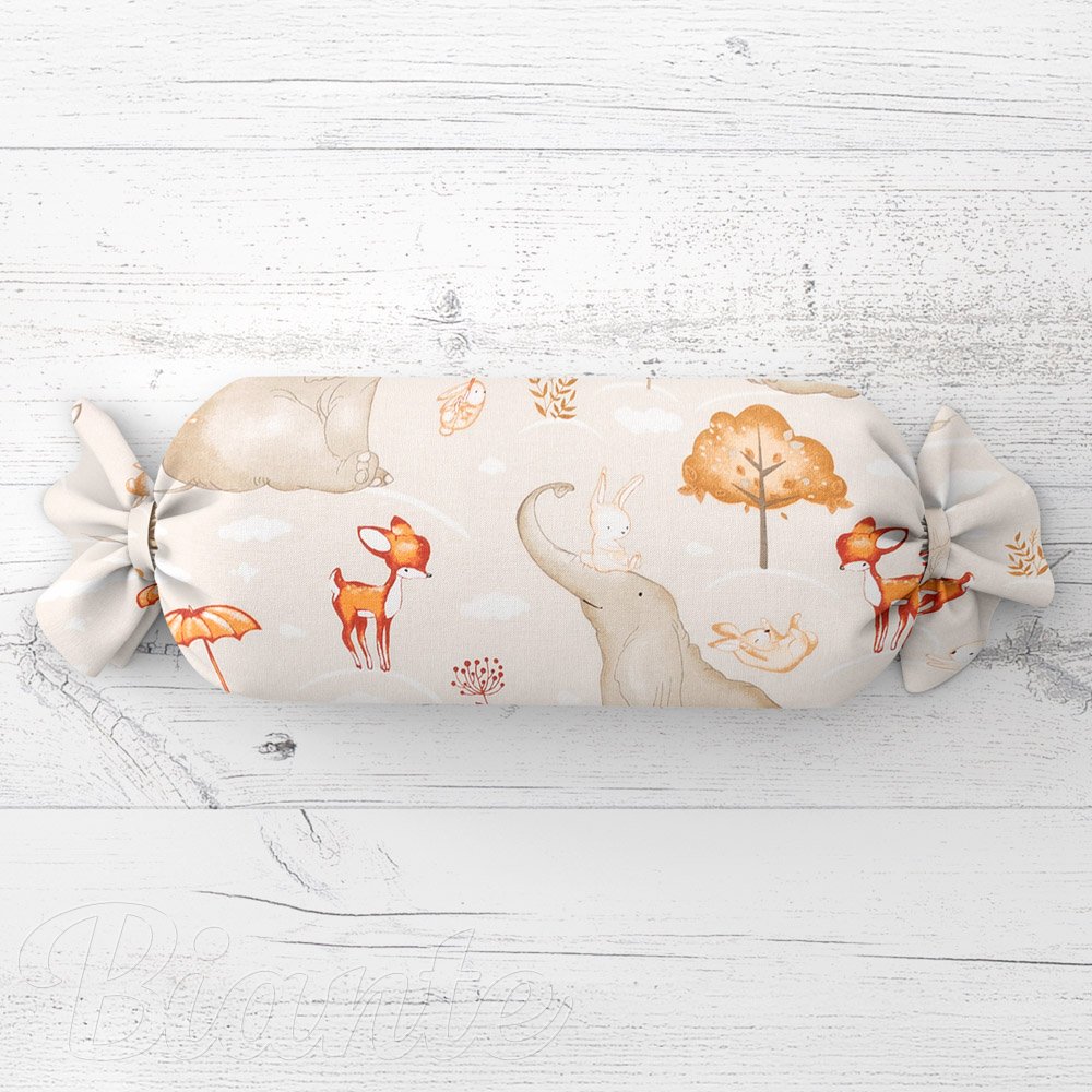 Dětský polštář válec bonbon Sandra SA-692 Slon a jeho kamarádi na světle šedobéžovém - Biante.cz