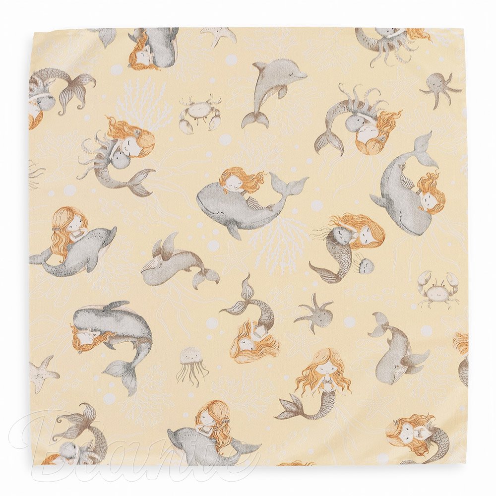 Dětský bavlněný šátek Sandra SA-670 Šedo-hnědé mořské panny s delfíny na žlutobéžovém - detail 2 - Biante.cz