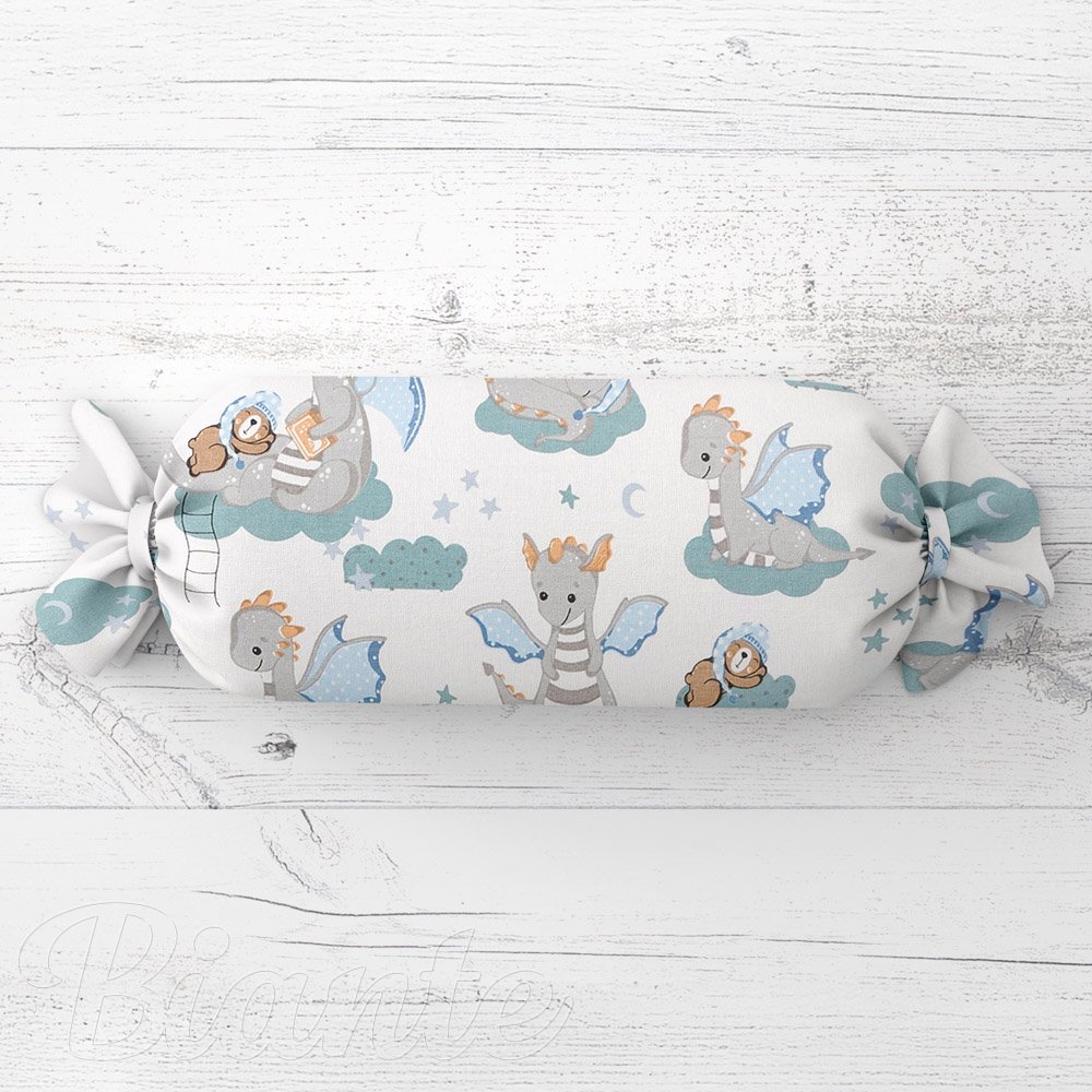 Dětský polštář válec bonbon Sandra SA-689 Dráčci s medvídky na modrozelených obláčcích na bílém - Biante.cz