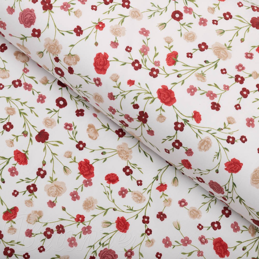 Bavlněná látka/plátno Sandra SA-719 Červeno-béžové drobné květiny na bílém - šířka 160 cm - Biante.cz