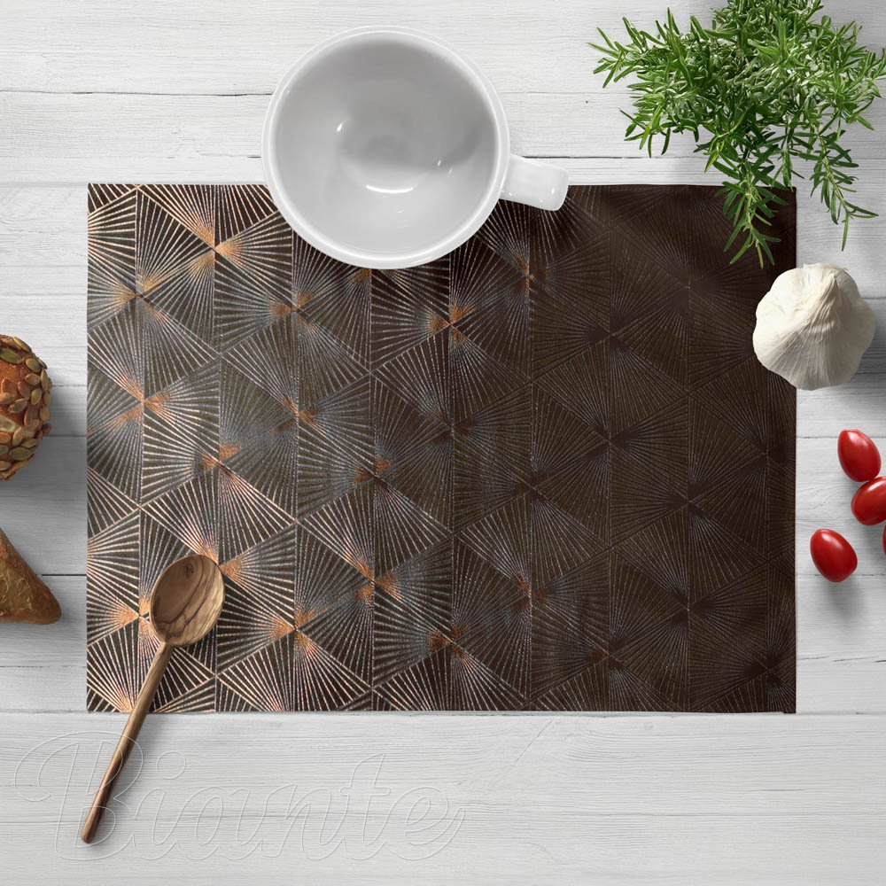 Sametové prostírání na stůl Isabela IBL-012 Rose Gold trojúhelníky na hnědém - Biante.cz
