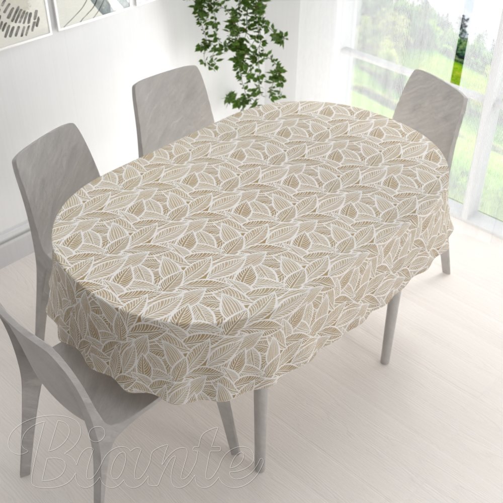 Velký dekorační oválný ubrus Leona LN-168 Bílé listy na světle hnědém - detail 1 - Biante.cz